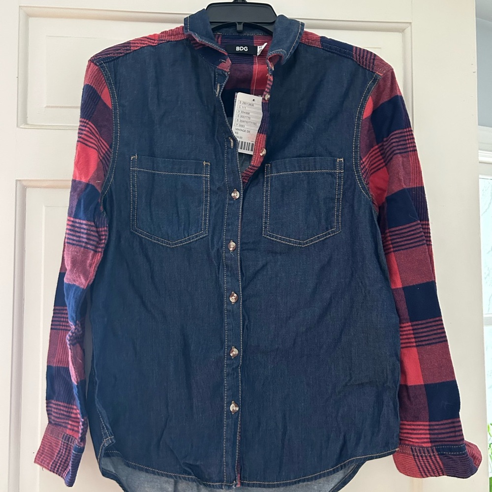 BDG Women's Denim and Plaid Button Down Shirt - Red and Blue